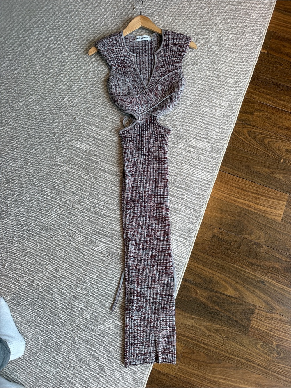 Self Portrait Maroon and Ivory Knit Midi Dress